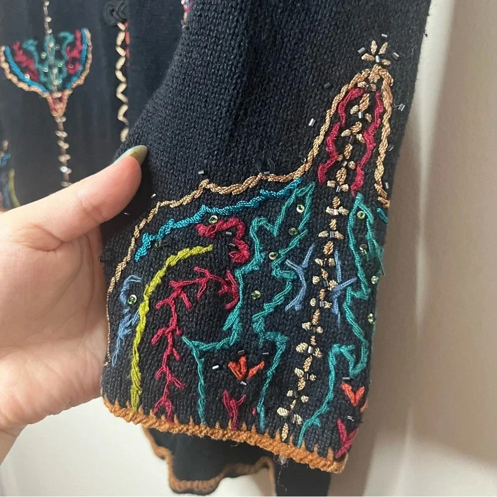 VTG COLDWATER CREEK Colorful Boho 90s Beaded Embroidered Longlined Fall Cardigan